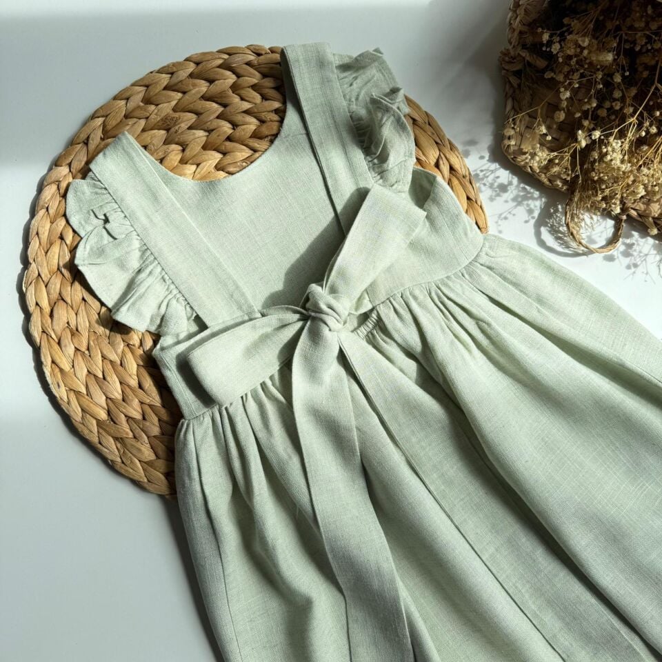 %100 Keten Mint Sırt Fiyonklu Elbise 6-7 YAŞ
