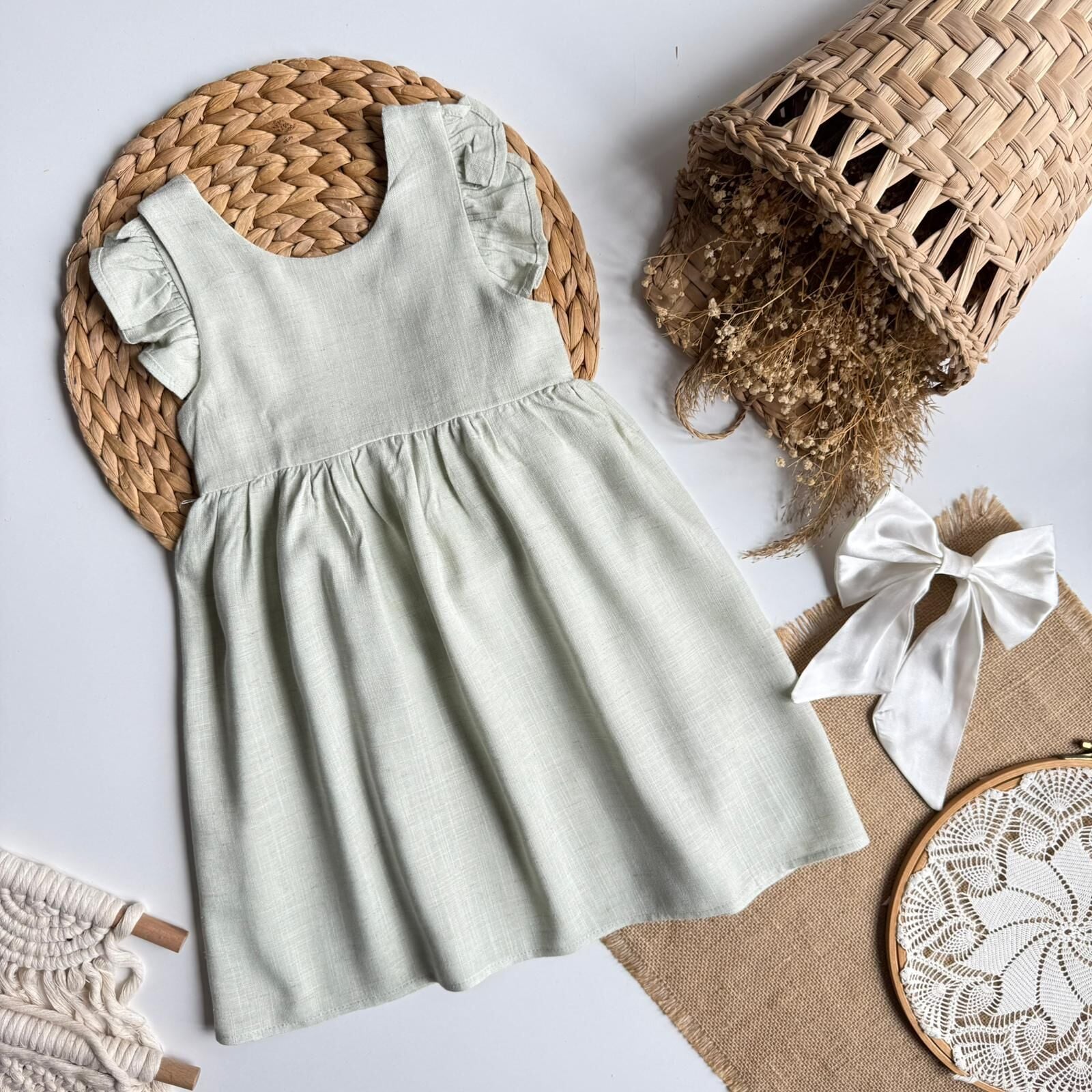 %100 Keten Mint Sırt Fiyonklu Elbise 6-7 YAŞ