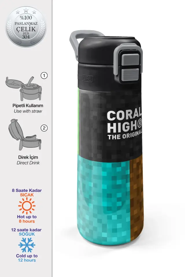 Coral High Kids High Craft Desenli Pipetli ve Direkt İçim Çelik Termos 500 ml 38116 Adet