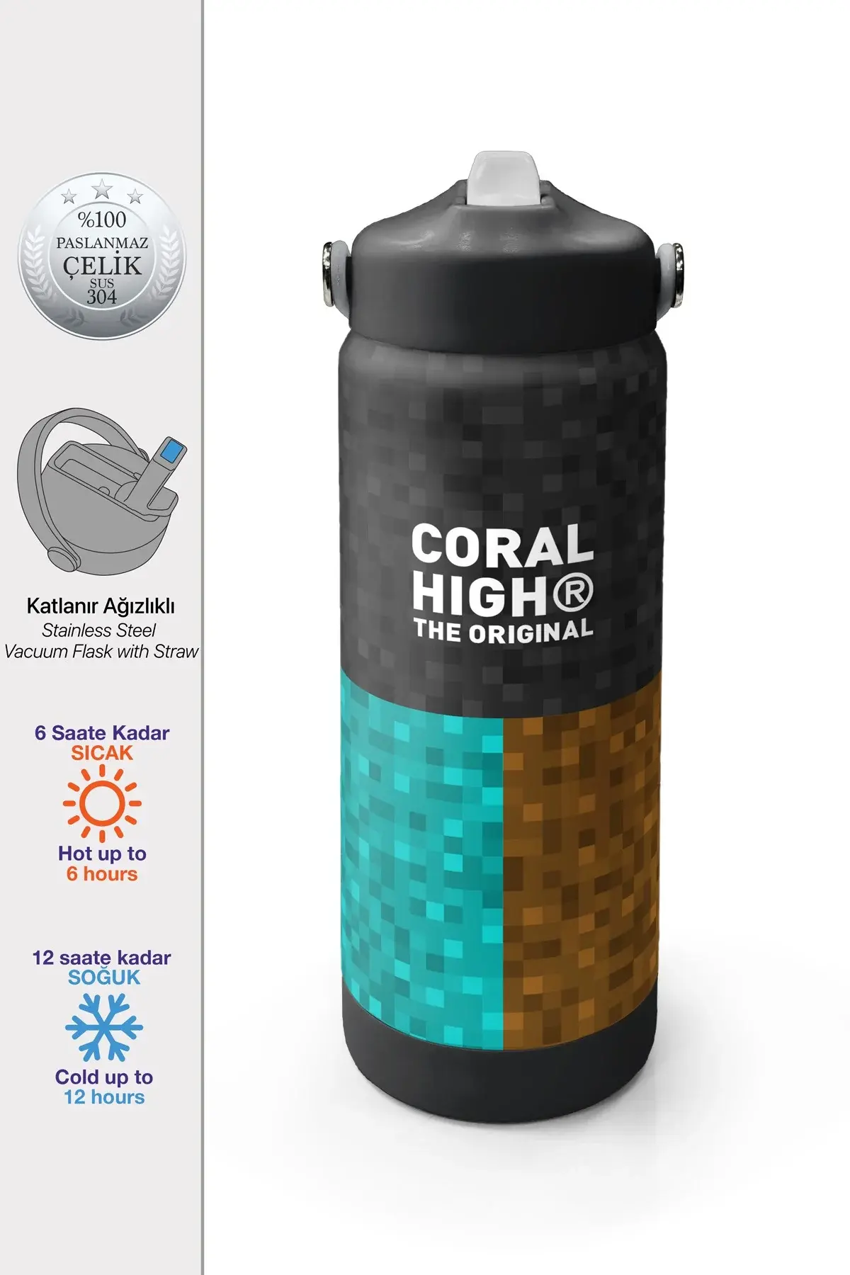 Coral High Kids High Craft Desenli Pipetli ve Direkt İçim Çelik Termos 500 ml 38116 Adet