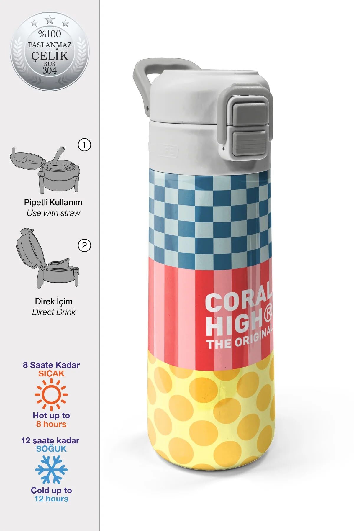 Coral High Çok Renkli Dama Çizgi Puantiye Desenli Katlanır Ağızlıklı Çelik Termos 650 ml 38304 Adet