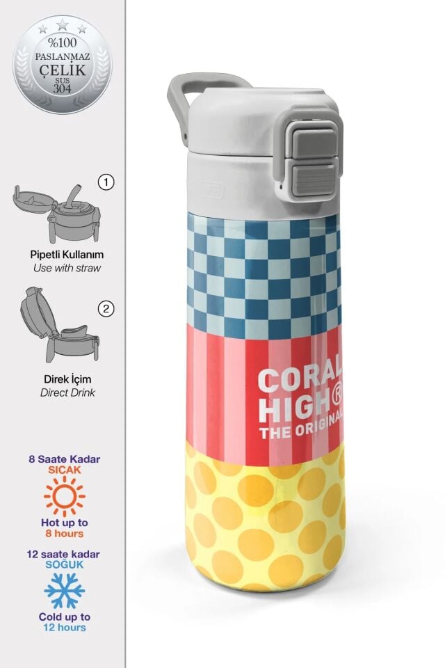 Coral High Çok Renkli Dama Çizgi Puantiye Desenli Katlanır Ağızlıklı Çelik Termos 650 ml 38304 Adet