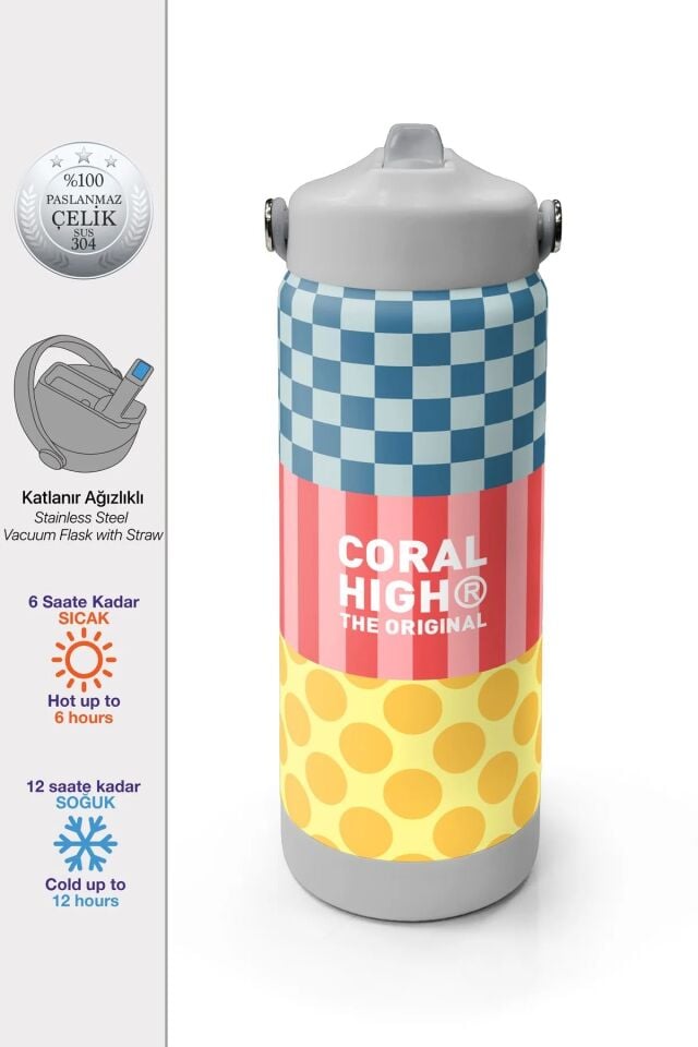 Coral High Çok Renkli Dama Çizgi Puantiye Desenli Katlanır Ağızlıklı Çelik Termos 650 ml 38304 Adet
