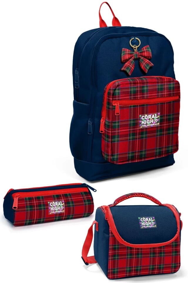 Coral High Kids Lacivert Ekose Fiyonk Desenli 3’lü Okul Çanta Seti SET0133207 Adet