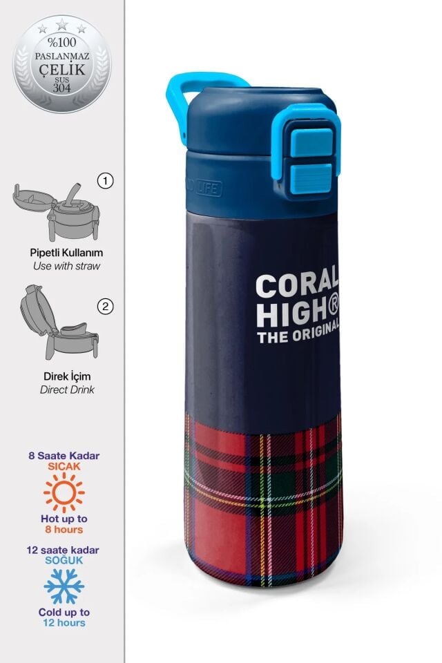 Coral High Kids Lacivert Ekose Fiyonk Desenli Pipetli ve Direkt İçim Çelik Termos 500 ml 38107 Adet