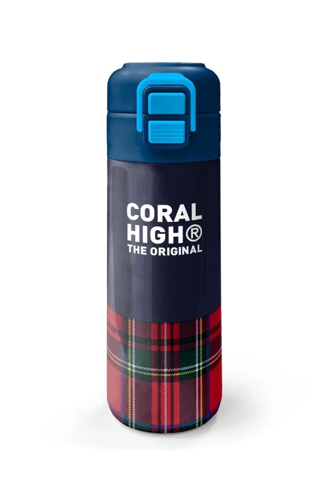 Coral High Kids Lacivert Ekose Fiyonk Desenli Pipetli ve Direkt İçim Çelik Termos 500 ml 38107 Adet