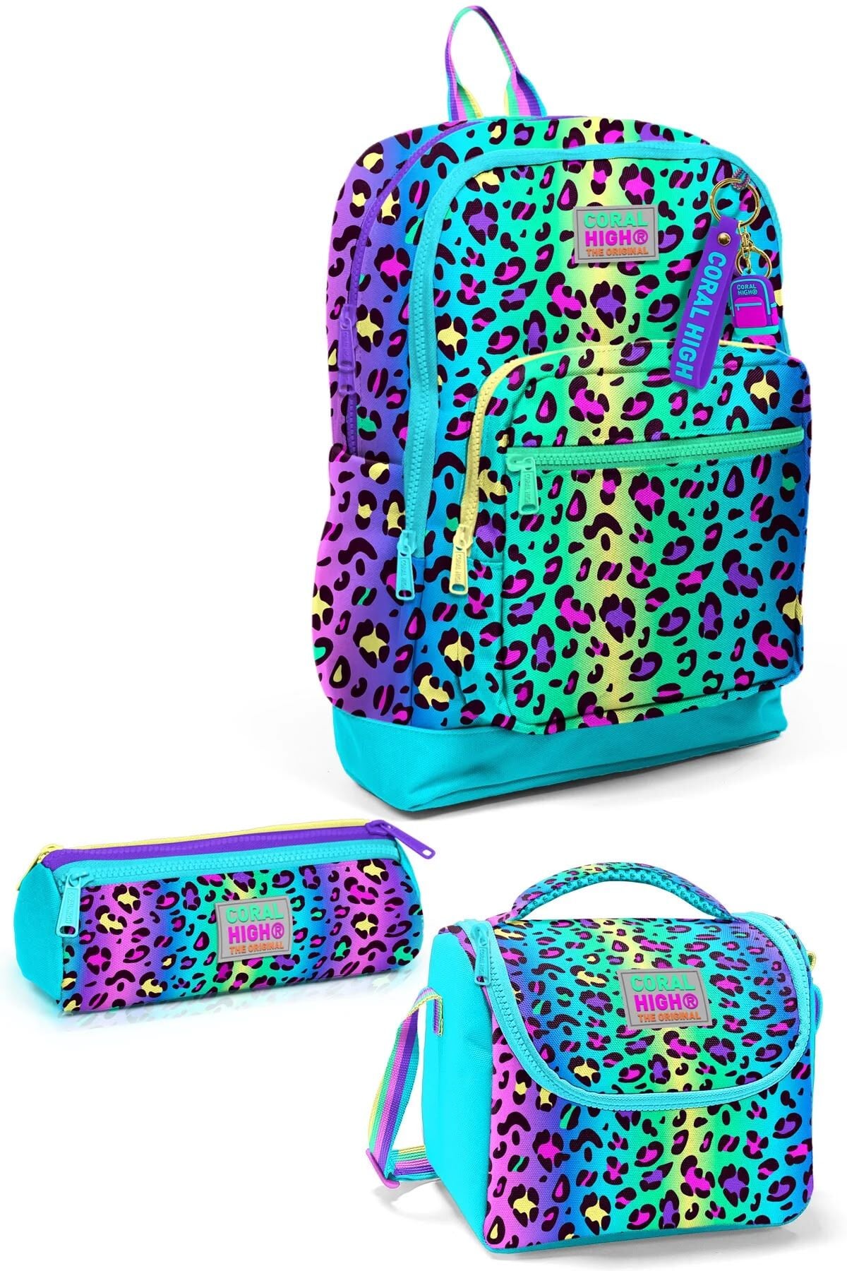 Coral High Kids Renkli Leopar Desenli 3’lü Okul Çanta Seti SET0123769 Adet