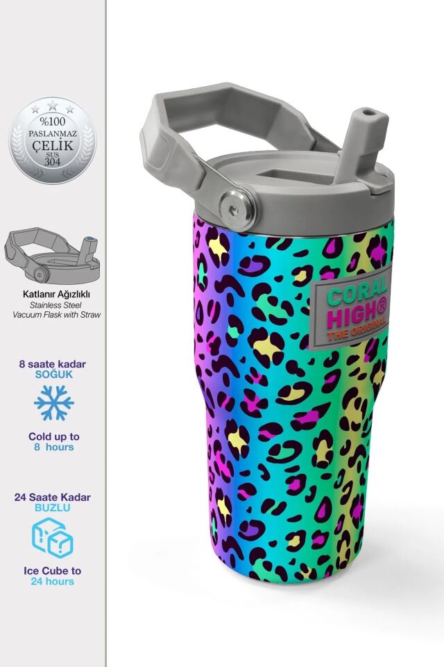 Coral High Renkli Leopar Desenli Katlanır Ağızlıklı Çelik Termos 600 ml 38911 Adet