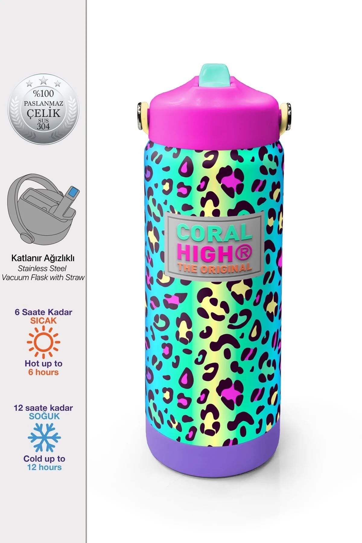Coral High Renkli Leopar Desenli Katlanır Ağızlıklı Çelik Termos 650 ml 38380 Adet