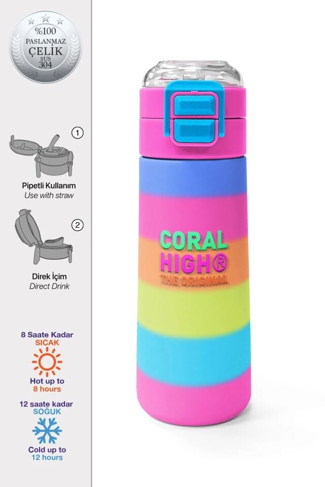 Coral High Kids Renkli Çizgili Pipetli ve Direk İçimli Paslanmaz Çelik Termos 500 ML 31986 Adet