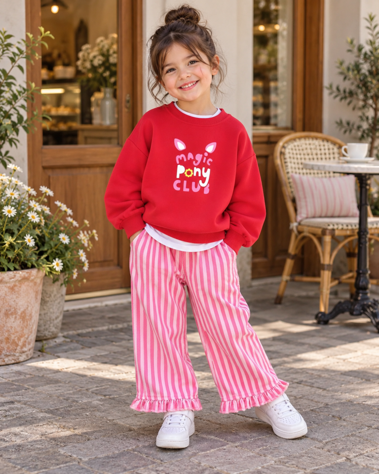 Ponny Detaylı Gabardin Pantolonlu Kırmızı Takım 7-8 YAŞ
