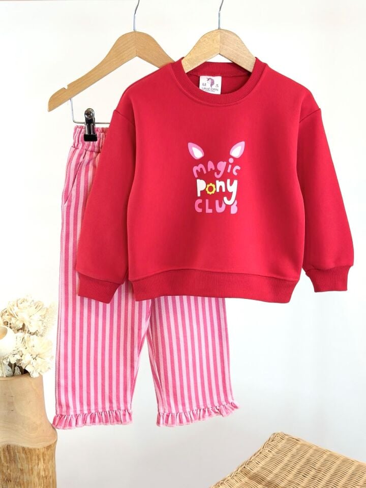 Ponny Detaylı Gabardin Pantolonlu Kırmızı Takım 7-8 YAŞ