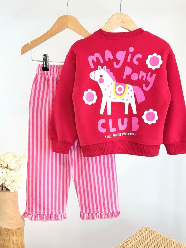 Ponny Detaylı Gabardin Pantolonlu Kırmızı Takım 7-8 YAŞ