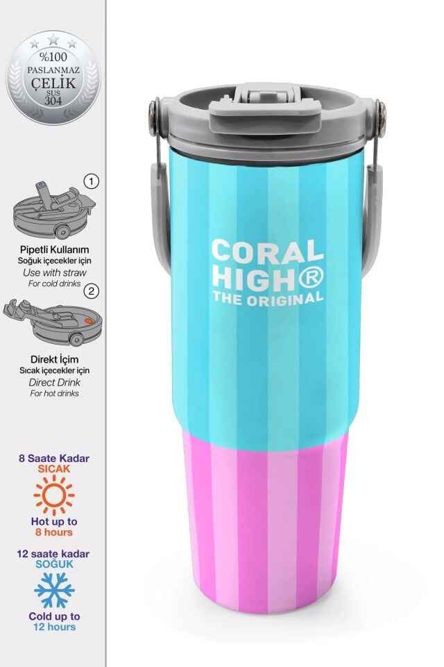 Coral High Renkli Çizgili Desenli Pipetli ve Direkt İçim Çelik Termos 900 ml 38747 Adet