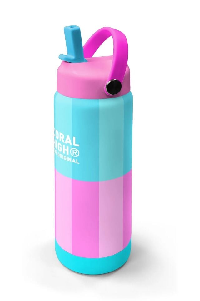 Coral High Turkuaz Pembe Çizgili Desenli Katlanır Ağızlıklı Çelik Termos 650 ml 38381 Adet