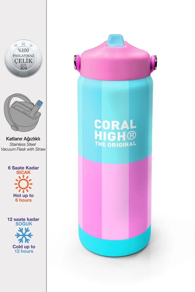 Coral High Turkuaz Pembe Çizgili Desenli Katlanır Ağızlıklı Çelik Termos 650 ml 38381 Adet