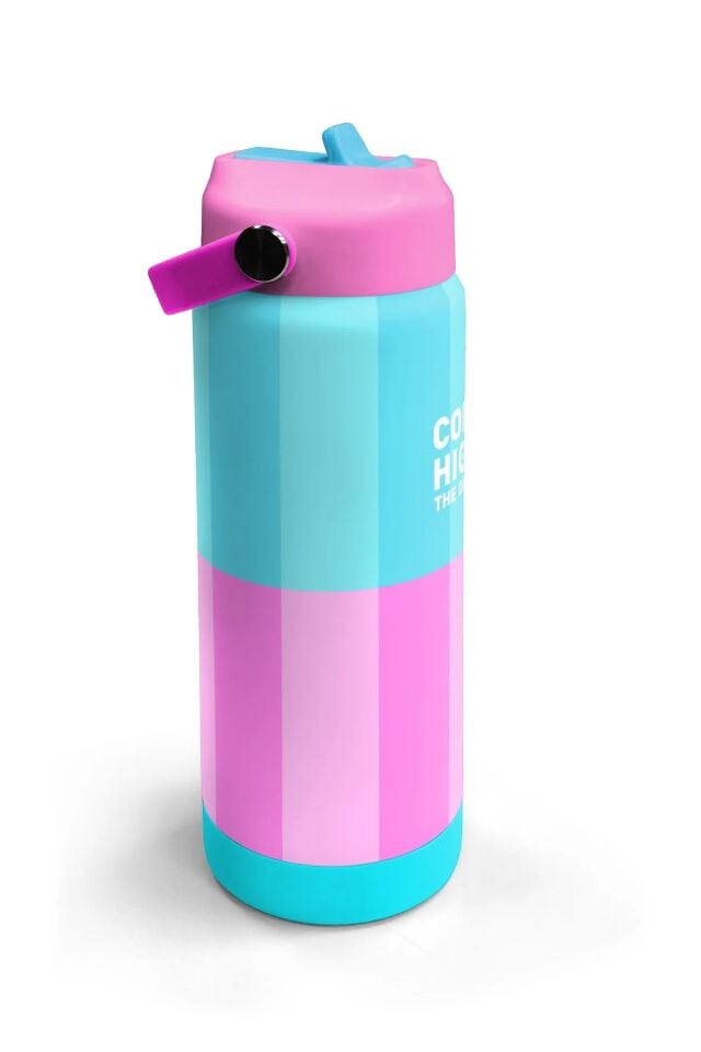 Coral High Turkuaz Pembe Çizgili Desenli Katlanır Ağızlıklı Çelik Termos 650 ml 38381 Adet