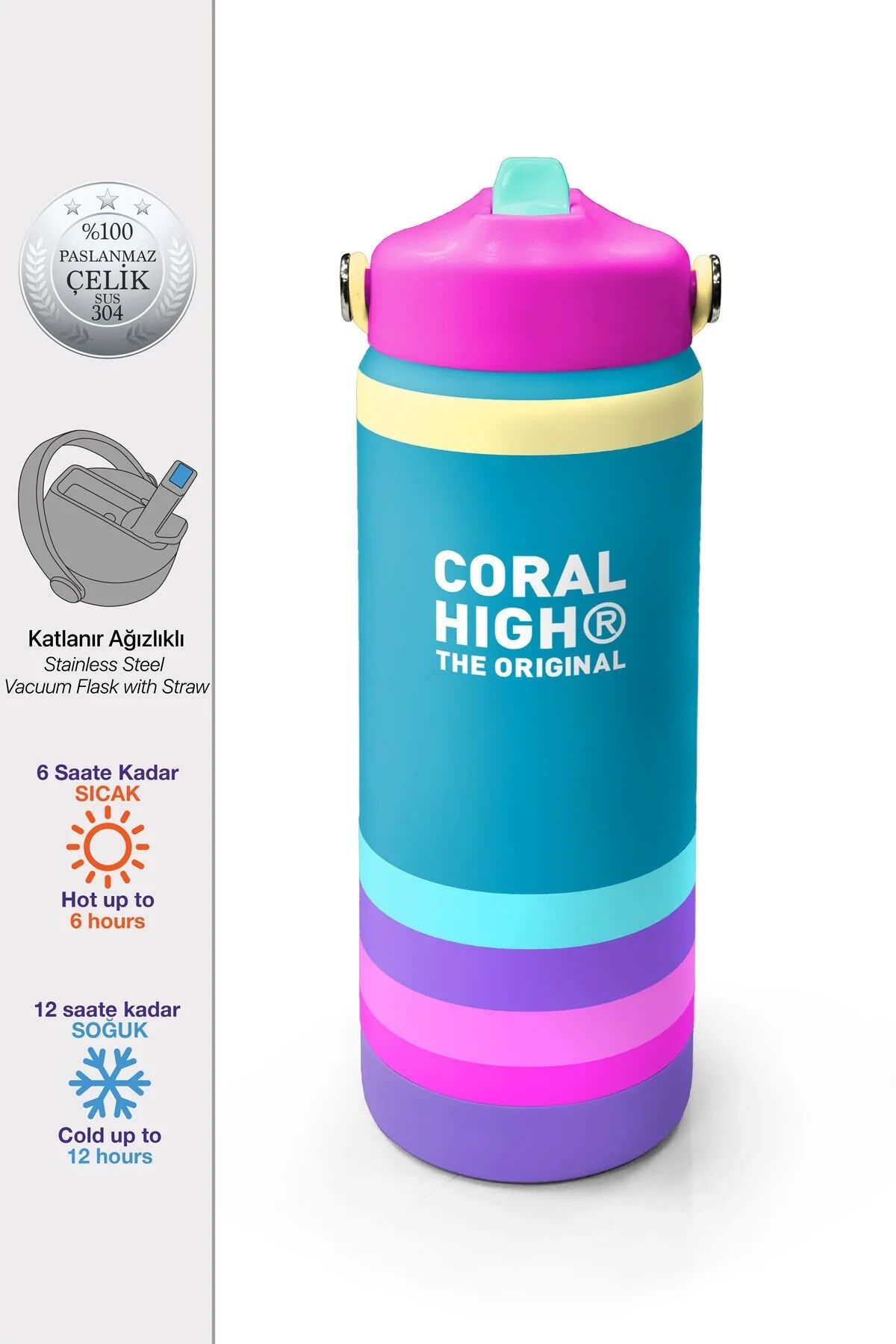 Coral High Pembe Pastel Renkli Katlanır Ağızlıklı Çelik Termos 650 ml 38379 Adet