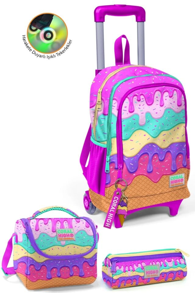 Coral High Kids Pembe Rengarenk Dondurma Desenli Çekçekli 3'lü Çanta Seti SET0123931 Adet