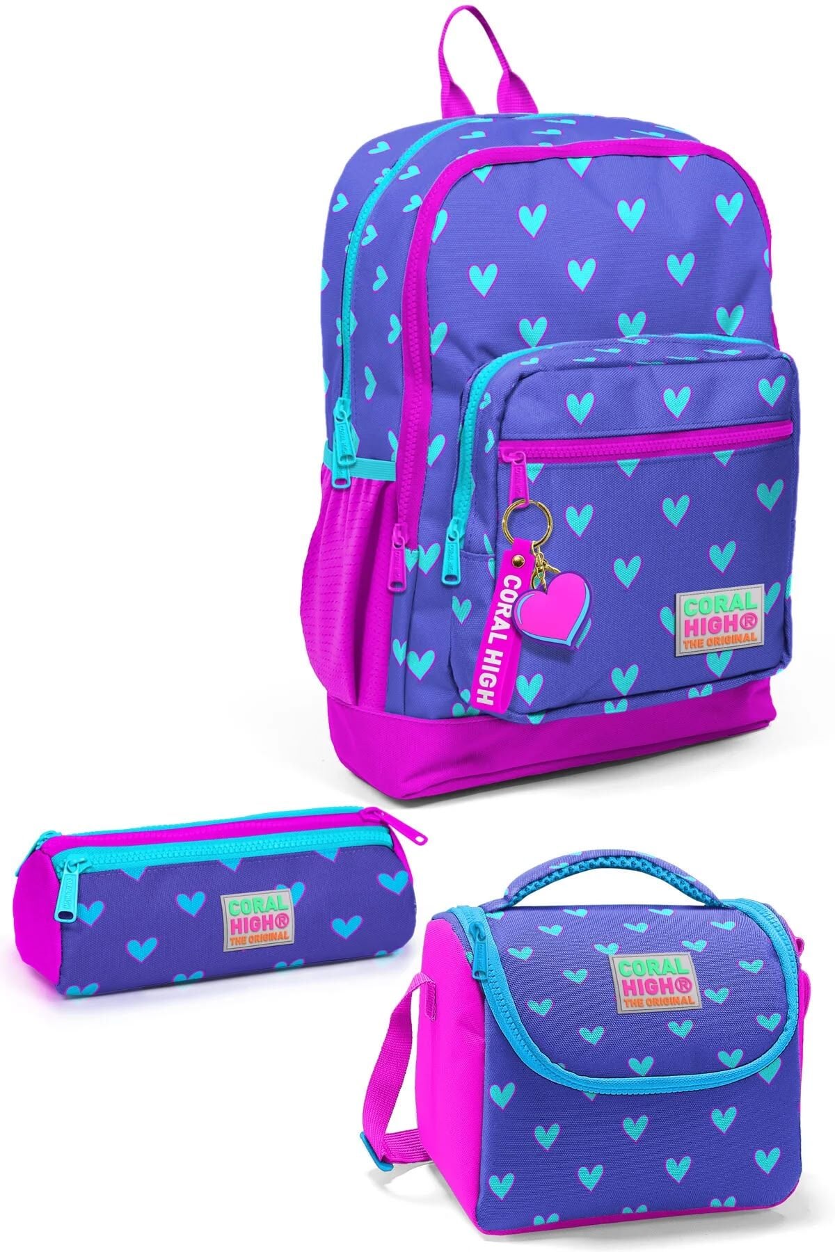 Coral High Kids Lavanta Pembe Kalp Desenli 3’lü Okul Çanta Seti SET0123706 Adet