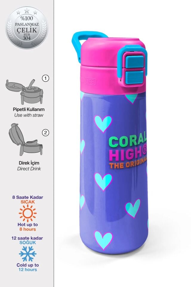 Coral High Kids Lavanta Pembe Kalp Desenli Pipetli ve Direkt İçim Çelik Termos 500 ml 31922 Adet