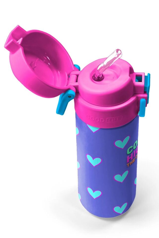 Coral High Kids Lavanta Pembe Kalp Desenli Pipetli ve Direkt İçim Çelik Termos 500 ml 31922 Adet