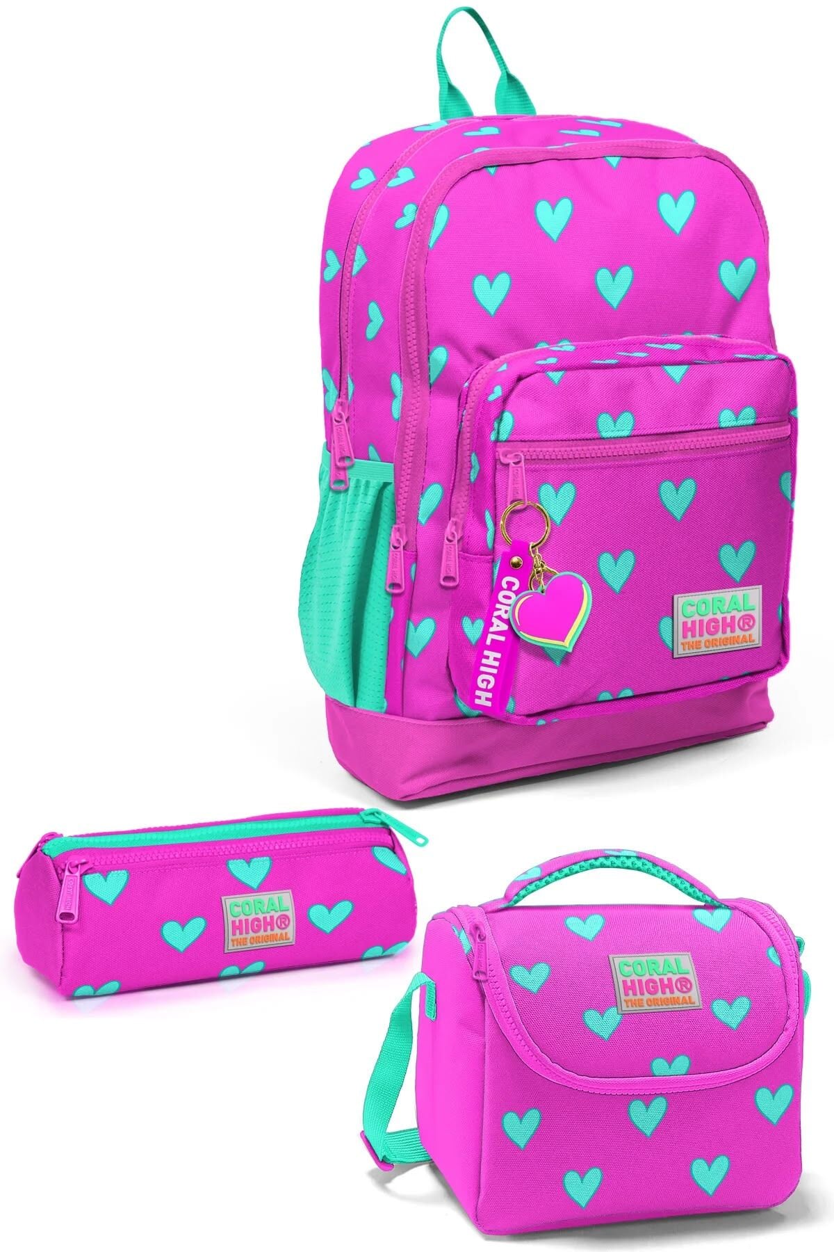 Coral High Kids Neon Pembe Su Yeşili Kalp Desenli 3’lü Okul Çanta Seti SET0123113 Adet