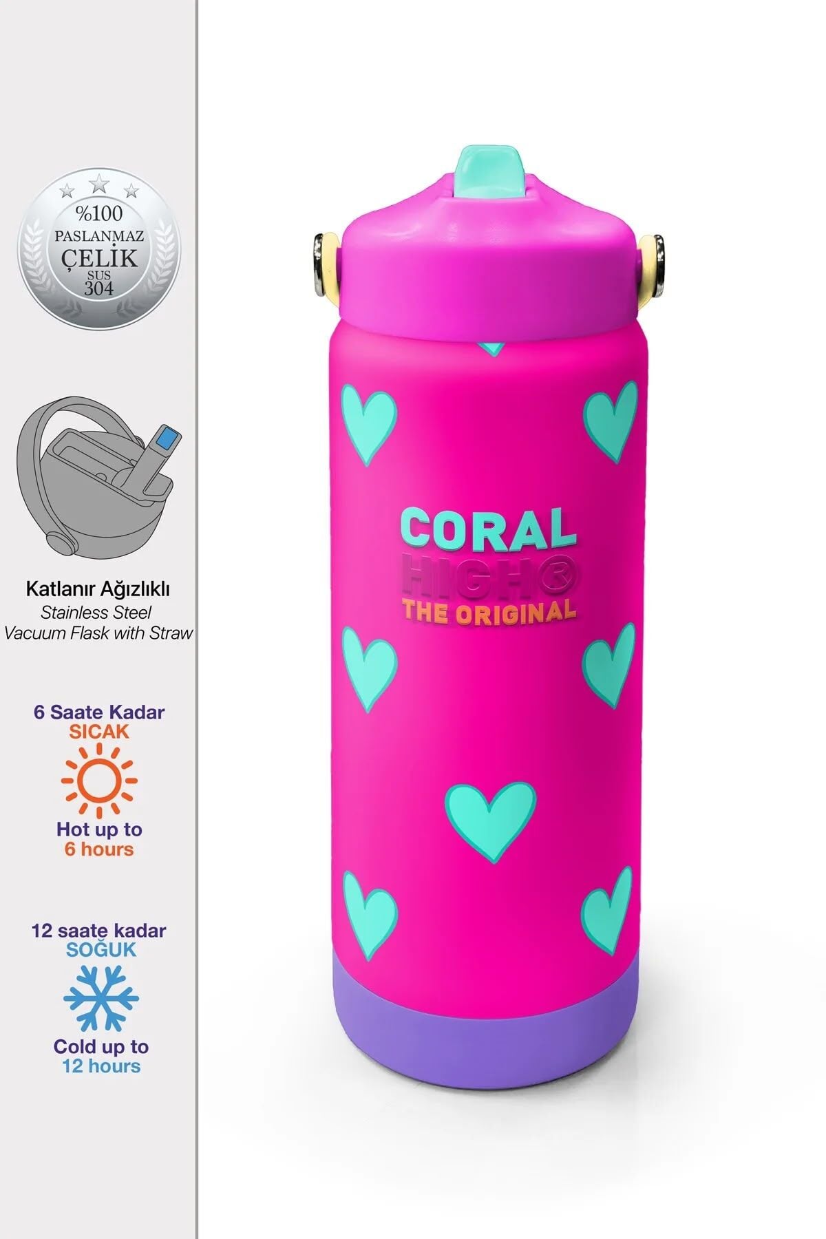 Coral High Neon Pembe Su Yeşili Kalp Katlanır Ağızlıklı Çelik Termos 650 ml 38376