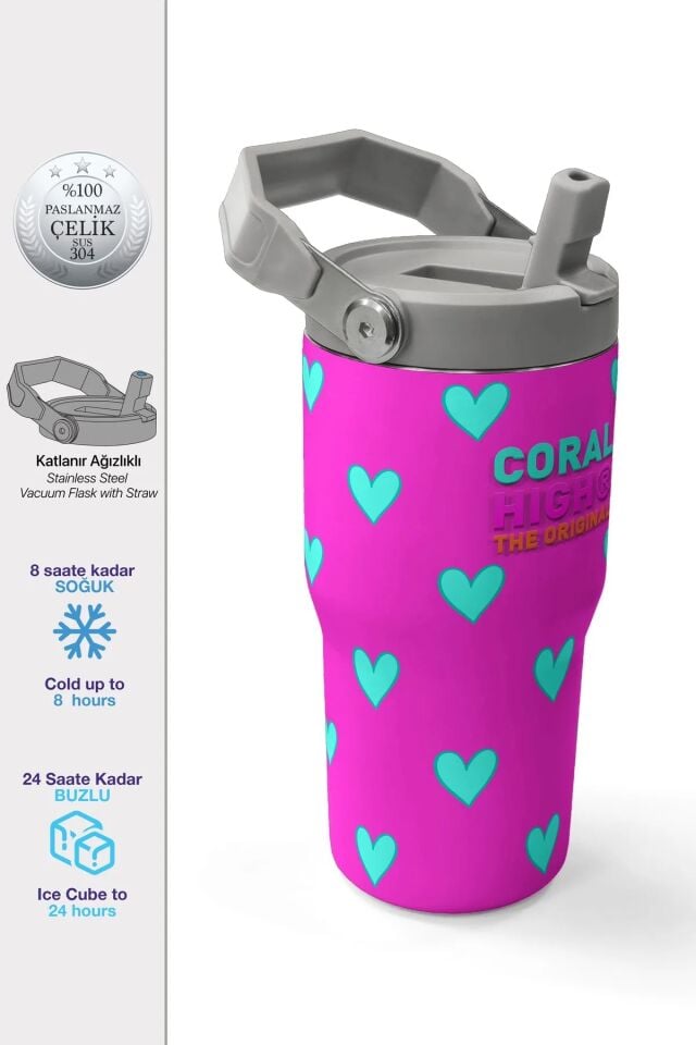 Coral High Neon Pembe Su Yeşili Kalp Desenli Katlanır Ağızlıklı Çelik Termos 600 ml 38908 Adet