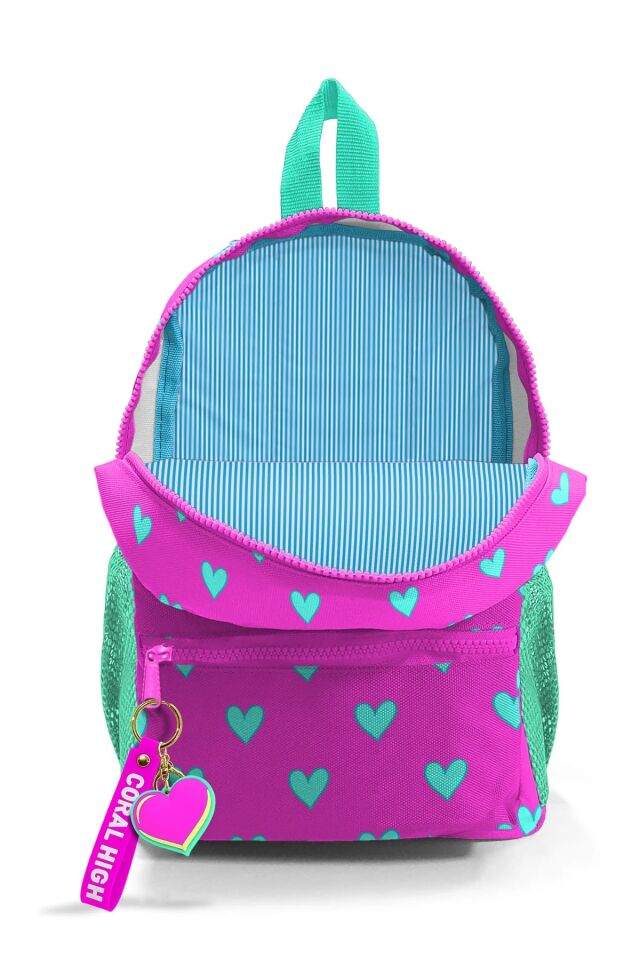 Minik Kreş Sırt Çantası Neon Pembe Su Yeşili Kalp Desenli İki Bölmeli 23341 Adet