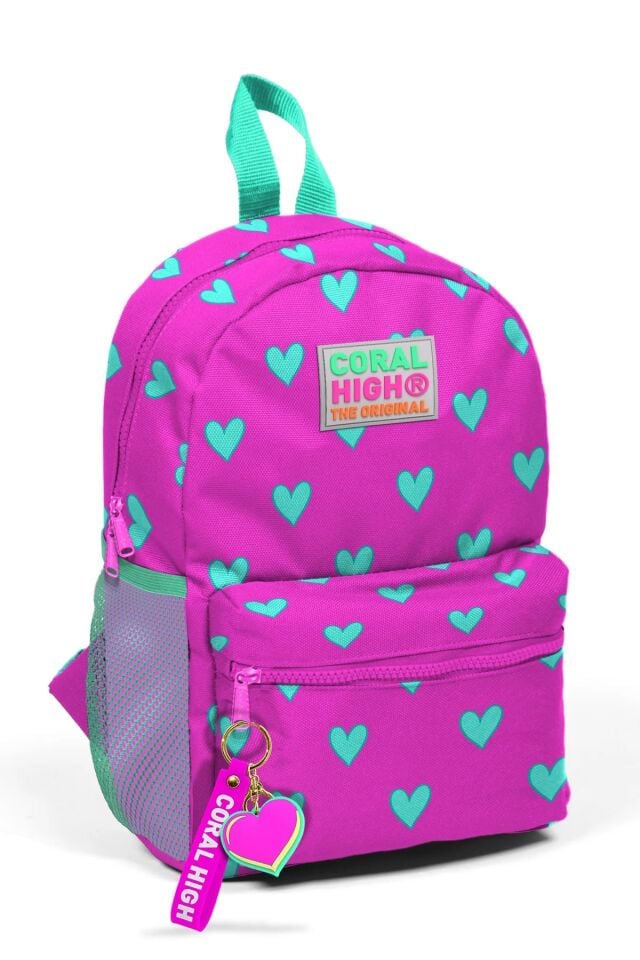 Minik Kreş Sırt Çantası Neon Pembe Su Yeşili Kalp Desenli İki Bölmeli 23341 Adet