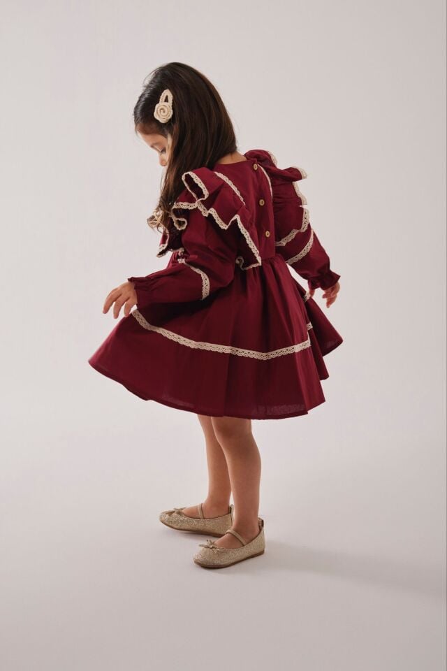 Kanavici İşlemeli Bordo Elbise 5-6 YAŞ