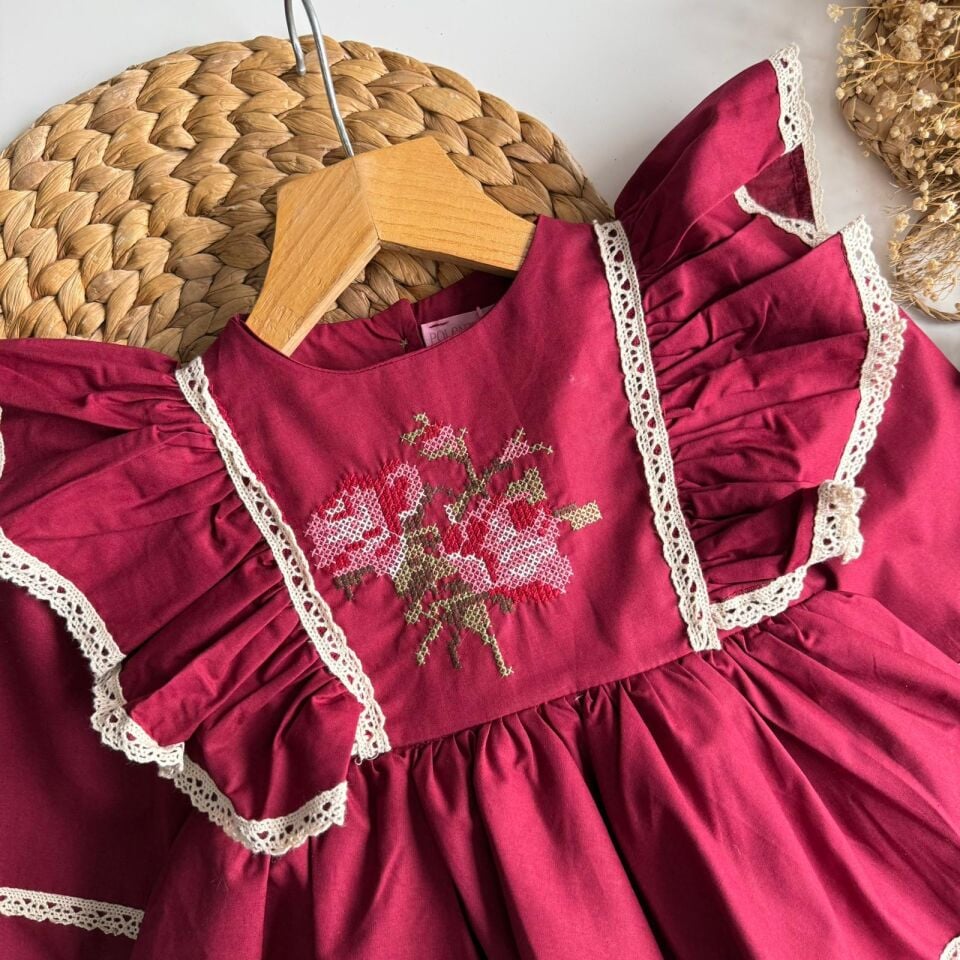 Kanavici İşlemeli Bordo Elbise 5-6 YAŞ