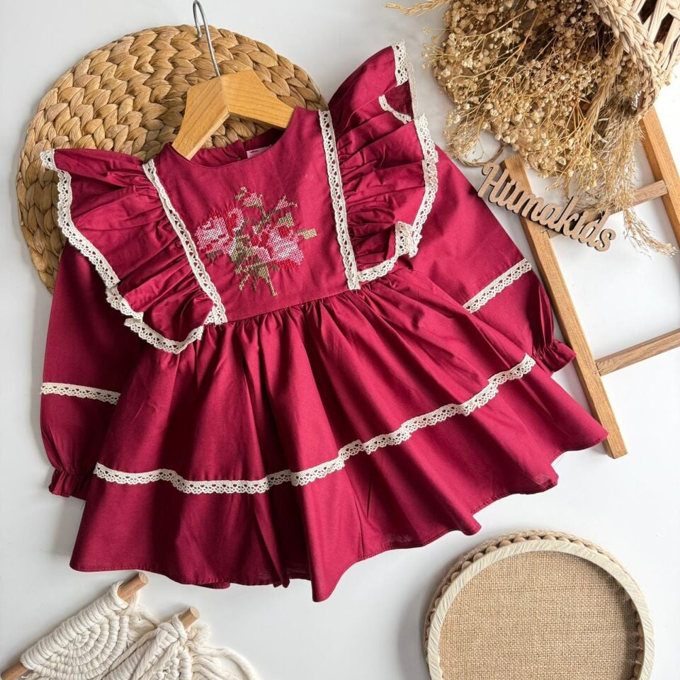 Kanavici İşlemeli Bordo Elbise 5-6 YAŞ