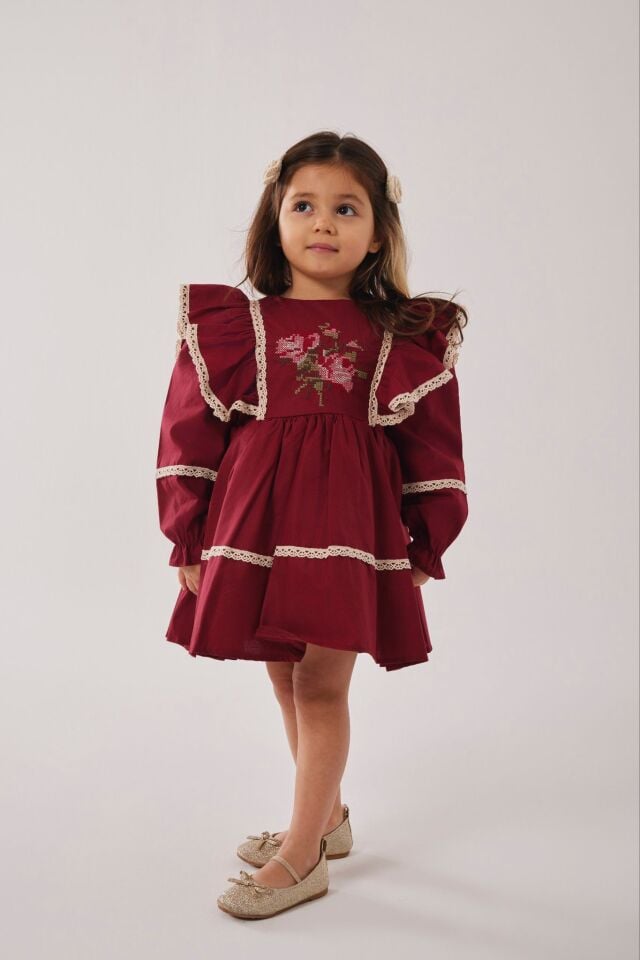 Kanavici İşlemeli Bordo Elbise 5-6 YAŞ