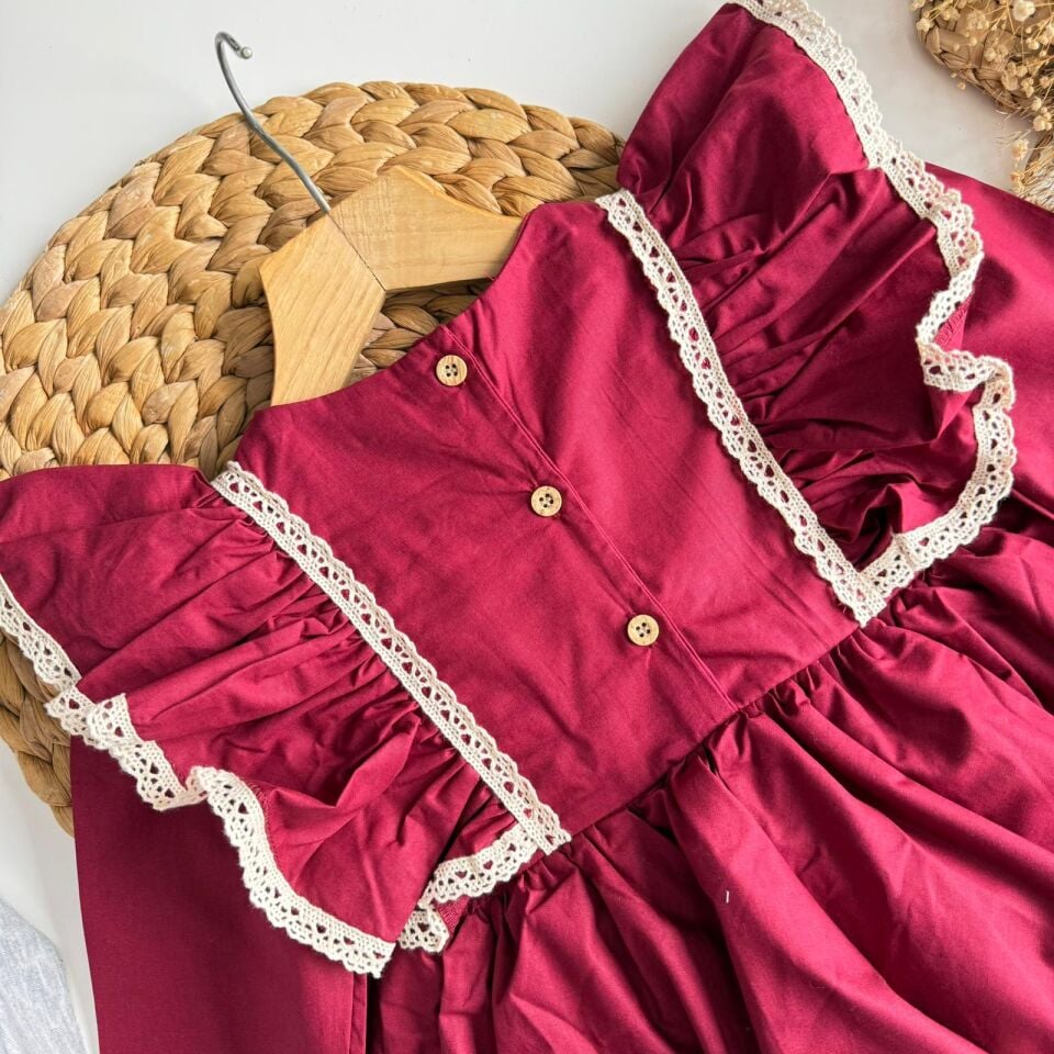 Kanavici İşlemeli Bordo Elbise 5-6 YAŞ