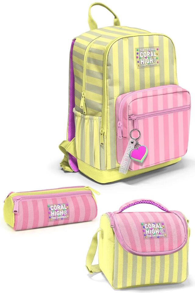 Coral High Pembe Sarı Çizgi Desenli 3’lü Okul Çanta Seti SET013322 Adet