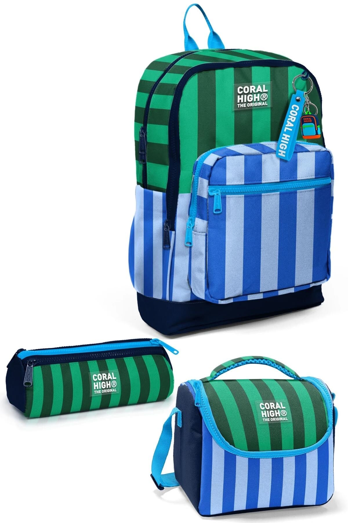 Coral High Kids Mavi Yeşil Çizgi Desenli 3 lü Okul Sırt Çanta Seti SET0133211 Adet