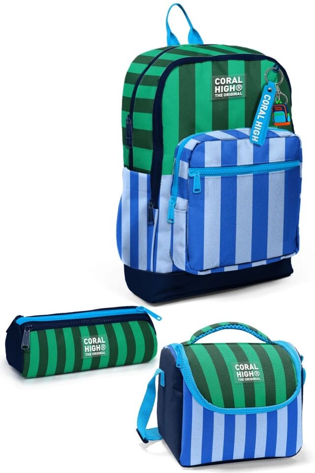 Coral High Kids Mavi Yeşil Çizgi Desenli 3 lü Okul Sırt Çanta Seti SET0133211 Adet