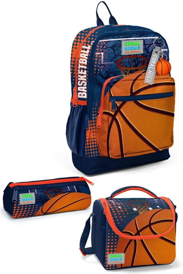 Coral High Kids Turuncu Lacivert Basketbol Desenli 3’lü Okul Çanta Seti SET0123766 Adet