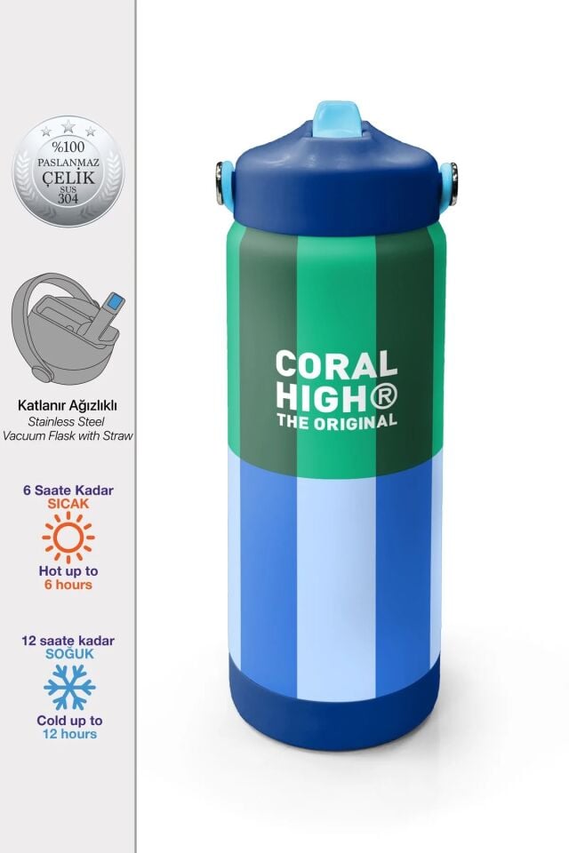 Coral High Mavi Yeşil Çizgi Desenli Katlanır Ağızlıklı Çelik Termos 650 ml 38311 Adet