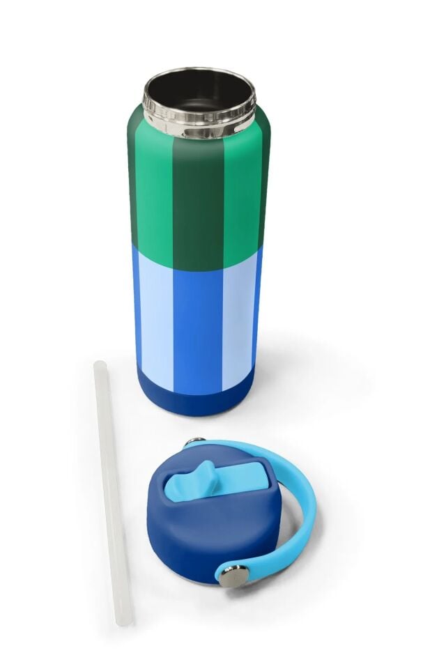 Coral High Mavi Yeşil Çizgi Desenli Katlanır Ağızlıklı Çelik Termos 650 ml 38311 Adet