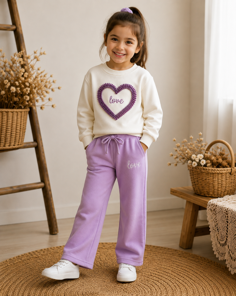 Love Baskılı Mor Nakışlı Takım 7-8 YAŞ