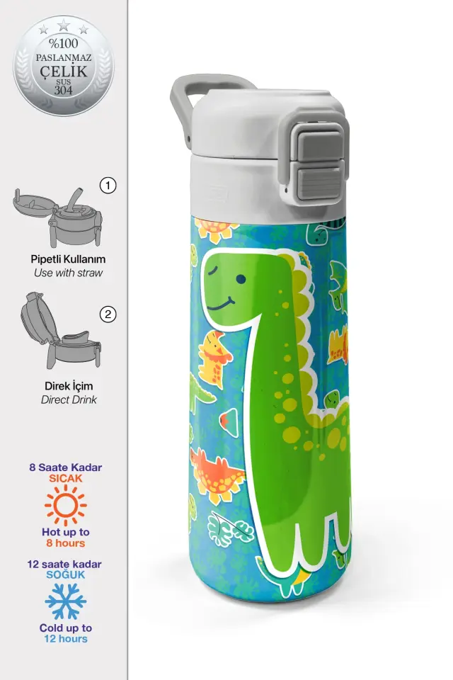 Coral High Kids Mavi Yeşil Dinozor Desenli Pipetli ve Direkt İçim Çelik Termos 500 ml 31798 Adet