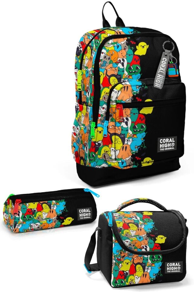 Coral High Kids Siyah Karikatür Desenli 3’lü Okul Çanta Seti SET0123774 Adet