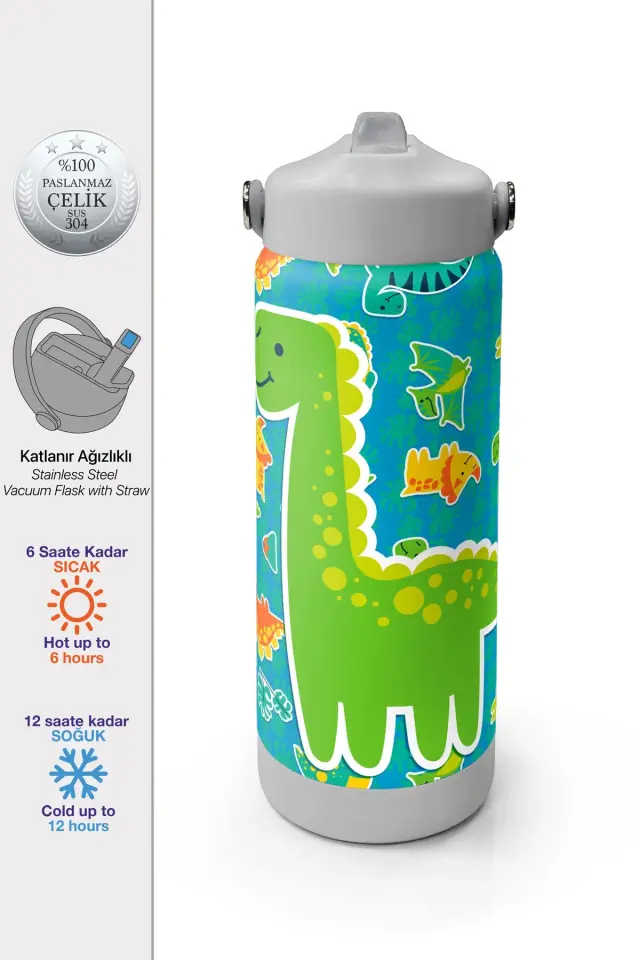 Coral High Yeşil Mavi Dinozor Desenli Katlanır Ağızlıklı Çelik Termos 650 ml 38395 Adet