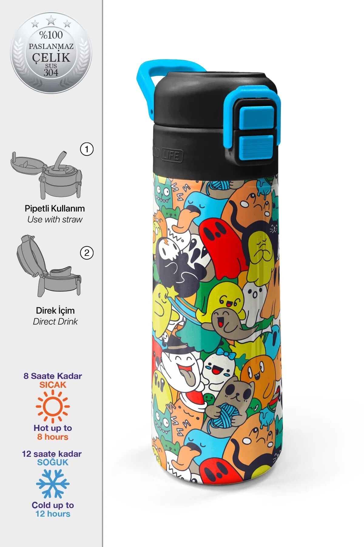 Coral High Kids Siyah Karikatür Çizgili Desenli Pipetli ve Direkt İçim Çelik Termos 500 ml 31990