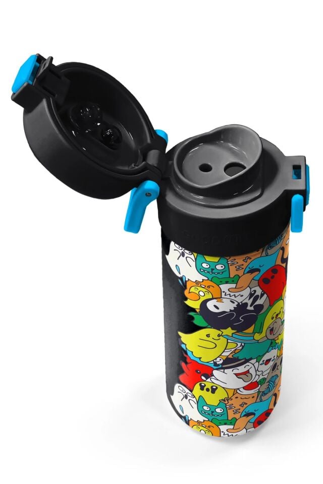 Coral High Kids Siyah Karikatür Çizgili Desenli Pipetli ve Direkt İçim Çelik Termos 500 ml 31990 Adet