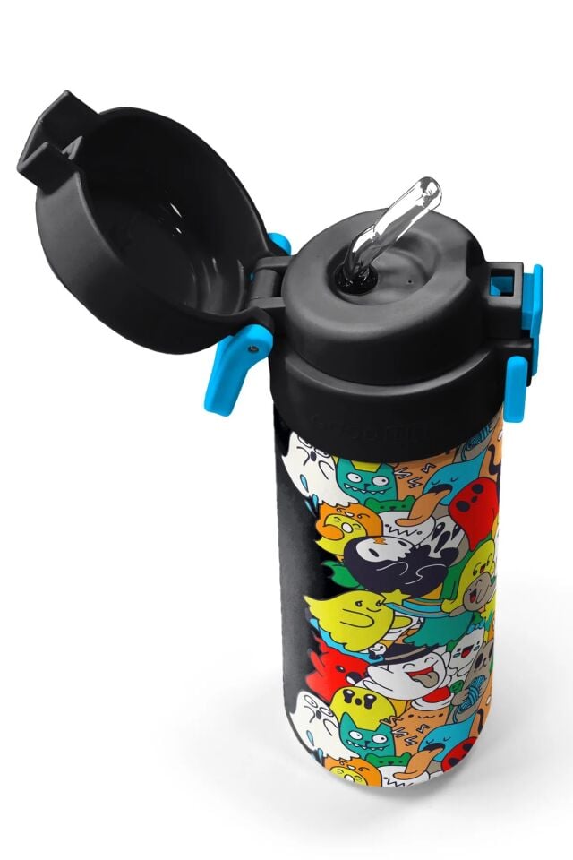 Coral High Kids Siyah Karikatür Çizgili Desenli Pipetli ve Direkt İçim Çelik Termos 500 ml 31990