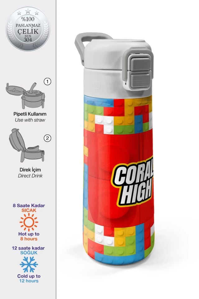 Coral High Kids Blok Desenli Pipetli ve Direkt İçim Çelik Termos 500 ml 31991 Adet
